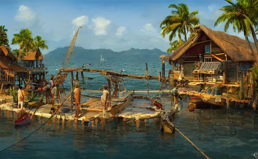 Image similar to a little fisher village on a tropical island, wood pier and houses, nets and boats, scenic view, sunset, matte painting by marc simonetti and rhads and donato giancola, trending on artstation