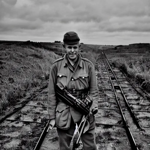 Image similar to tommy shlug on a ww 2 battlefield, black and white, grainy