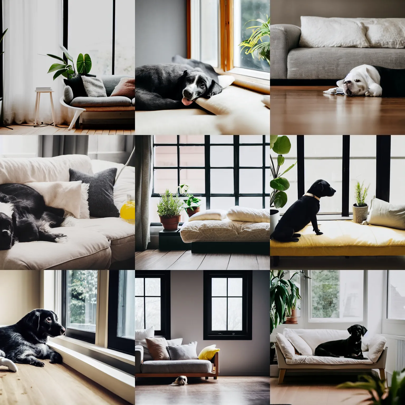 Prompt: a small white - faced black dog, lying down on a grey sofa, light beige pillows, house plants and light wood furniture in the background, next to a window, modern house, indoors, dim yellow morning light, photograph, 4 k, shot on iphone, for a catalogue