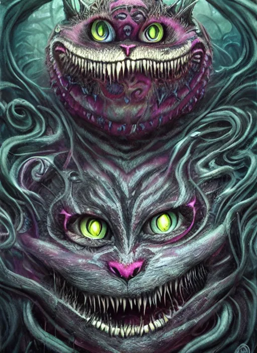 Image similar to cheshire cat, call of cthulhu, half skull half face, highly detailed, cinematic, 8 k, by megan duncanson, benjamin lacombe, adrian borda, stanley artgermm, tom bagshaw, craig mullins, carne griffiths, ayami kojima, beksinski, giger, trending on deviantart, hyper detailed, horror, full of colour