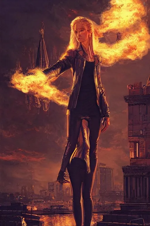 Prompt: in the foreground Saint Petersburg in cyberpunk, in the background a magnificent young blonde woman from behind playing with flames coming out of her hands wearing a long matrix-style jacket, realistic, high definition, many details, dramatic scene, symmetrical face, eyes realistic, art of michael komarck