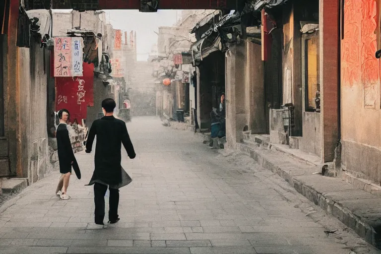 Prompt: A photograph of Two lovers walking on empty street in Beijing Hutong , golden time, capture ,quiet, joy, moving, warmth, light and shadow ,color photography.