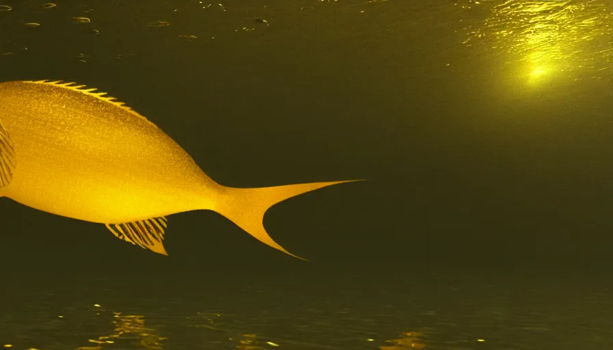 Image similar to a desolate golden glowing fish! swims in magical water with caustics and volumetric lighting, photorealistic painting