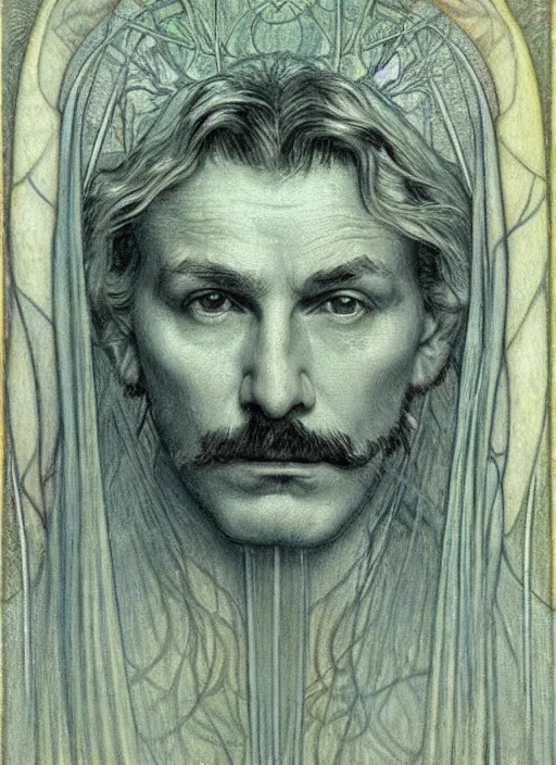 Prompt: detailed realistic beautiful young karl gustav jung face portrait by jean delville, alphonse mucha, vincent van gogh, and marco mazzoni, art nouveau, symbolist, visionary, gothic, pre - raphaelite