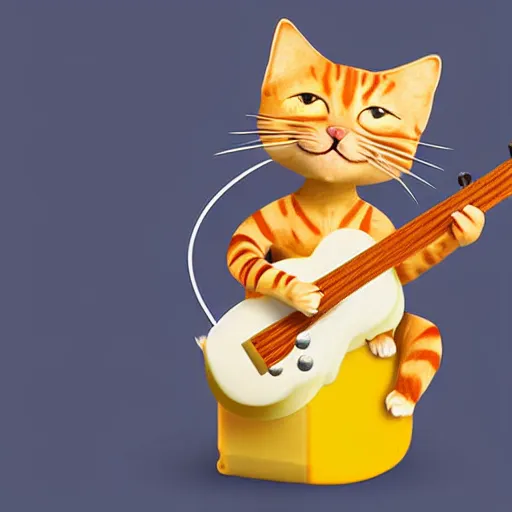Prompt: A Hyperealistic Cat with a body made out of cheese playing guitar.