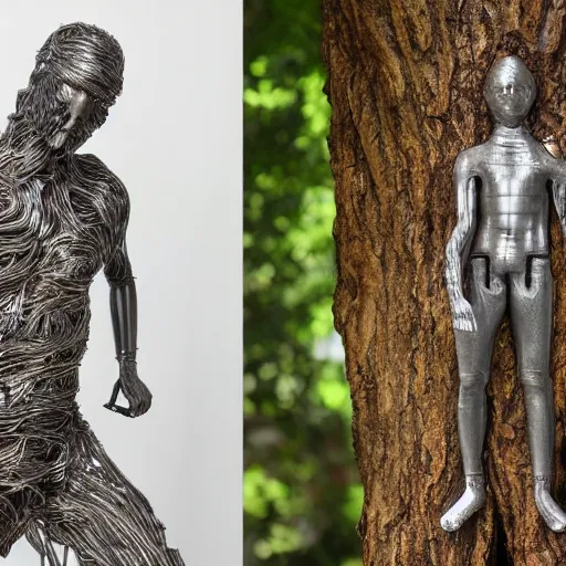 Image similar to a human man statue stuck in a cosmic tree, a sense of awe, amazement, monogon, plasma display, wooden, silver, mercury, damascus, armature wire, multiscopy, morph, in a symbolic and meaningful style, insanely detailed and intricate, hypermaximalist, elegant, ornate, hyper realistic, super detailed,