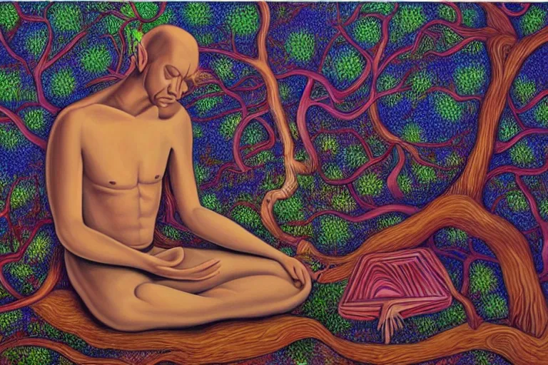 Image similar to painting of a depressed man meditating under a tree by alex grey, acrylic art, sad, soothing, somber, elegant, soft light,