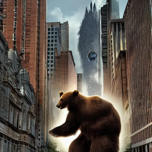 Image similar to a giant bear attacking the city, photomanipulation, photoshop, digital art