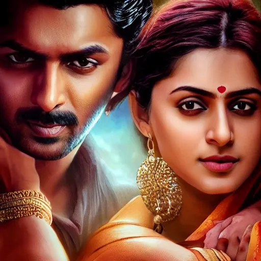 Prompt: perfectly centered bollywood movie promotional poster of anatomically correct hero and heroine romantic pose, faces symmetrical, modelling photography ; real life portrait ; ultra realistic, high coherence, intricate, hdr, highly detailed, photorealistic, octane render, 8 k, unreal engine ; art by artgerm, greg rutkowski, charlie bowater, alphonse mucha