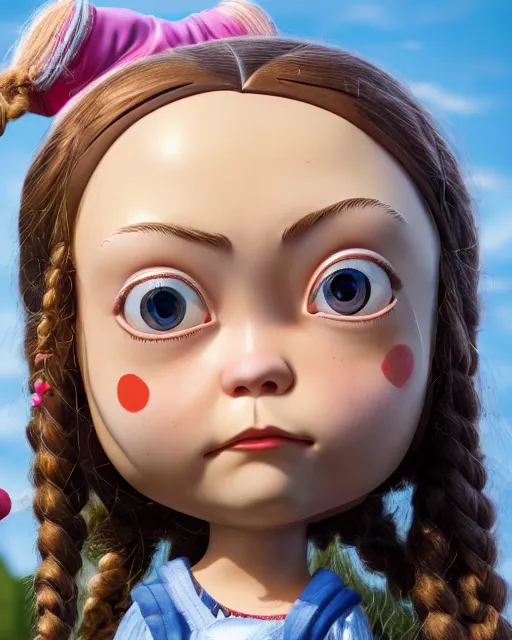 Image similar to highly detailed closeup, face profile portrait of a tin toy greta thunberg as an anime schoolgirl, bikini, depth of field, nicoletta ceccoli, mark ryden, lostfish, max fleischer, breathtaking, detailed and intricate environment, 8 k resolution, hyperrealistic, octane render