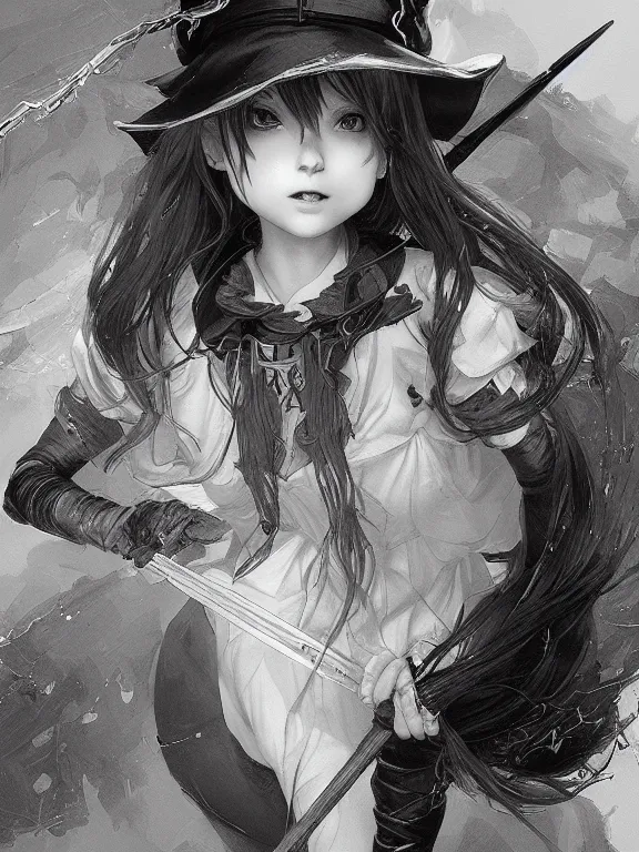 Prompt: Full shot Line art drawing of a cute mischievous young witch about to get up to some trouble. By Ruan Jia and Artgerm and Range Murata and WLOP and CLAMP and Loish. Concept Art. Fantasy Illustration. award winning, Artstation, intricate details, Hyperdetailed, 8k resolution.