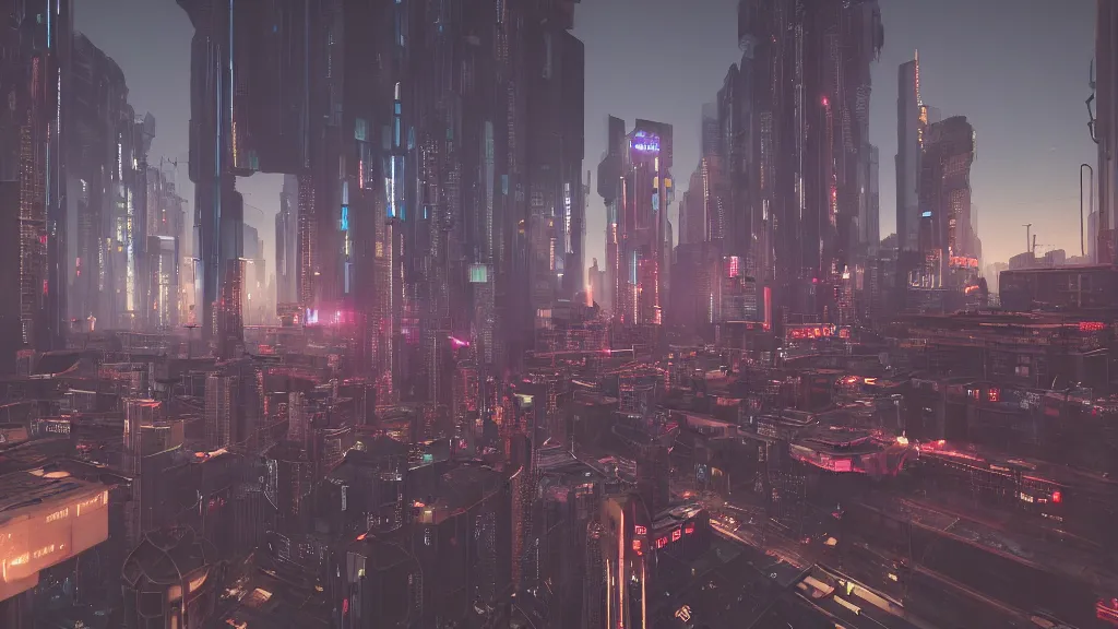 Prompt: twenty-fifth century megacity, dusk, cyberpunk, twilight, cinematic, 4k, rendered in octane