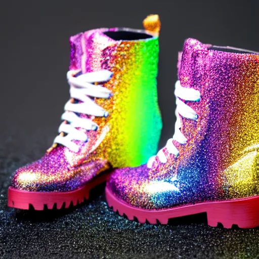 Image similar to hyperrealistic photo of rainbow combat boots made out of glitter, unicorn tears, and stardust, single object on black ground, high resolution, 8 k,