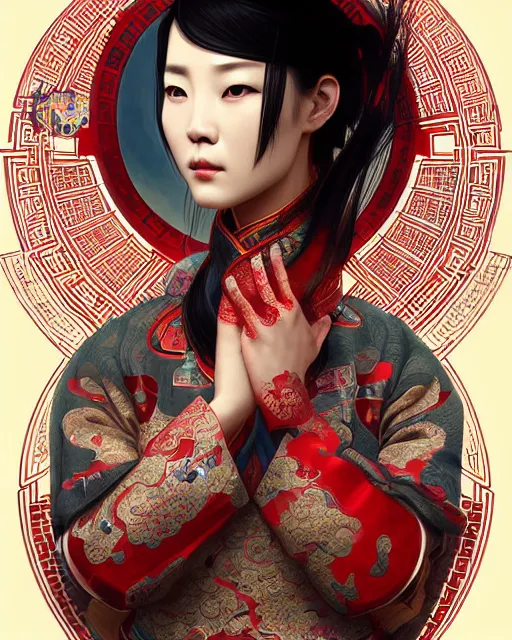 Image similar to portrait of a chinese cyberpunk machine, machine face, arms, upper half portrait, decorated with chinese opera motifs, regal, asian, fine china, wuxia, traditional chinese art intricate intense elegant 京 剧 highly detailed digital painting artstation concept art smooth sharp focus illustration, art by artgerm and greg rutkowski alphonse mucha 8 k