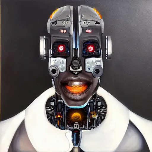 Image similar to a realistic oil painting of a black man as a cybernetic cyborg, surrealism portrait, surrealism album cover