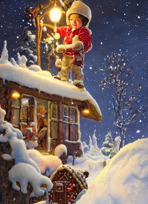 Prompt: close-up portrait of little boy wearing a little backpack finding a gingerbread house in the snow, winter scene fantasy, fireflies, torch light, scary creatures in background, intricate, elegant, highly detailed, centered, smooth, sharp focus, Donato Giancola, Joseph Christian Leyendecker, WLOP, Boris Vallejo, Artgerm