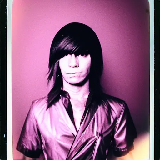 Image similar to Polaroid Portrait of Andy Warhol doing anime cosplay, taken in the 1970s, photo taken on a 1970s polaroid camera, grainy, real life, hyperrealistic, ultra realistic, realistic, highly detailed, epic, HD quality, 8k resolution, body and headshot, film still, front facing, front view, headshot and bodyshot, detailed face, very detailed face