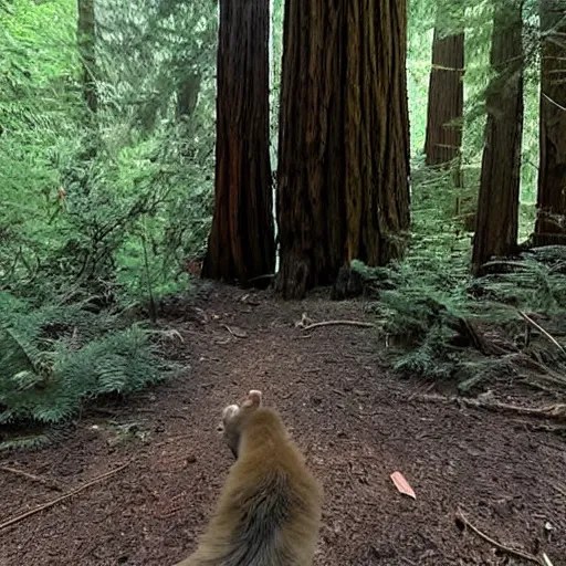 Prompt: trail cam footage of a demonic creature in a redwood forest