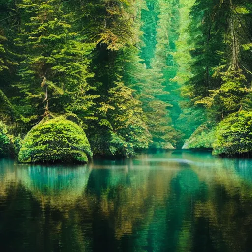 Prompt: photo of an ethereal forest with a purple fjord water full and lake, highly detailed, 4k