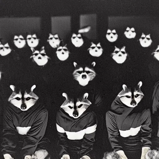 Image similar to 1 9 8 0's award winning sci - fi movie still, a group of raccoons wearing dark cult robes look towards the camera in surprise and anger as they perform a dark occult evil ceremony inside the secret lair of an underground mystery cult, dramatic candlelight, pentagrams, ultra - detailed, photorealistic, 4 k