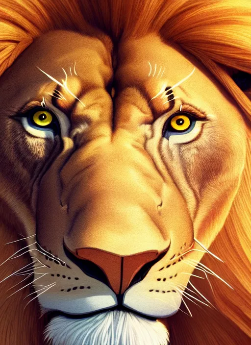 Image similar to centered!! macro head portrait of a lion, artstation, detailed cartoon, elegant, digital painting, concept art, smooth, sharp focus, illustration, ghibli, makoto shinkai, don bluth, fujita goro, jean giraud, akihiko yoshida, tom whalen 8 k