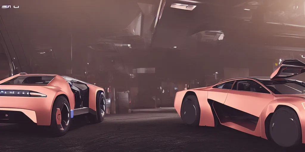 Prompt: a design of a futuristic DMC Delorian, designed by Polestar, blade runner background, back view, rose copper car paint with neon color accent detailing, black windows, sportscar, black show room, dramatic lighting, octane rendering, unreal engine rendering, hyper realistic render, depth of field, octane rendering