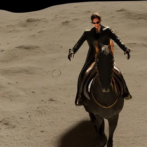 Image similar to neo from the matrix riding a horse on moon, detailed, hyper realistic, 4 k octan render, unreal 5