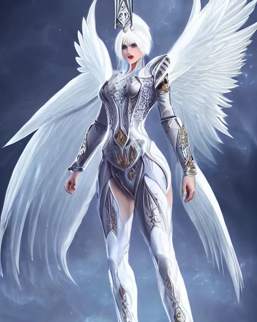 Image similar to perfect white haired egyptian goddess wearing white dove wings, warframe armor, regal, attractive, ornate, sultry, beautiful, dreamy, half asian, pretty face, blue eyes, detailed, scifi platform, 4 k, ultra realistic, epic lighting, android body, illuminated, cinematic, masterpiece, art by akihito tsukushi, voidstar, artgerm