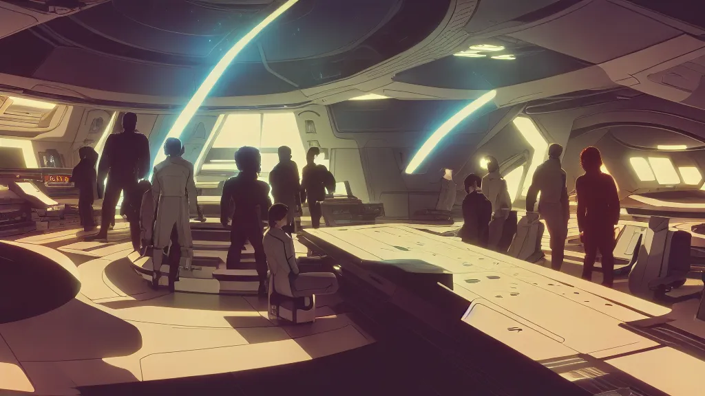 Prompt: interior of ten - forward from star trek, dynamic shadows, dynamic lighting, dynamic colors, ilya kuvshinov, kyoani, hiroaki samura, yoshinari yoh, james jean, katsuhiro otomo, erik jones, cel shaded, anime poster