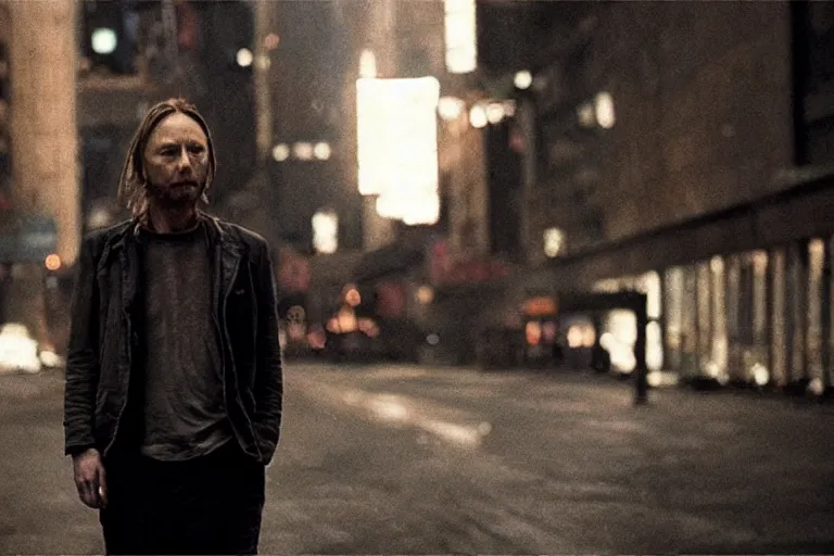 Image similar to ! dream a film portrait still of thom yorke in new york, gritty cyberpunk atmosphere. realism, cinematic lighting, 4 k. 8 mm. grainy. panavision.