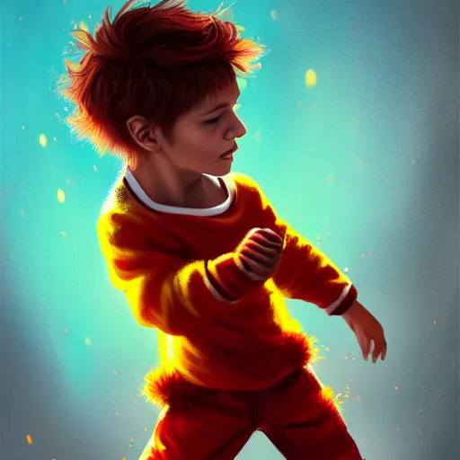 Image similar to colorful and festive captivating young child boy, brown fluffy hair, wearing red and yellow clothes, shooting a yellow energy sphere out of his fist. full body, rich vivid colors, ambient lighting, dynamic lighting, 4 k, atmospheric lighting, painted, intricate, highly detailed by charlie bowater