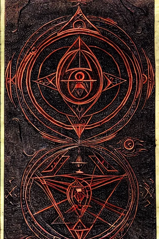 Image similar to masterpiece, symmetrical occult summoning sigil calligraphy, old stained paper texture, elegant crimson and black ink linework, by leonardo da vinci, h. r. giger, biomechanical, alchemy, monogram