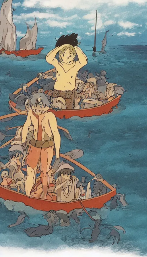 Prompt: man on boat crossing a body of water in hell with creatures in the water, sea of souls, by studio ghibli