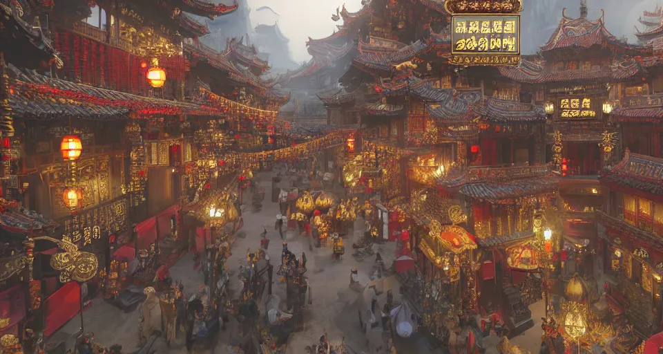 Prompt: an opulent chinese style game scene cg design, ancient lively bazaar street ， full of details, matte painting, concept art, smooth ， trending on cgsociety and blender ， unreal engine ， 8 khdr ， light effect ， rtx on ， - h 6 4 0