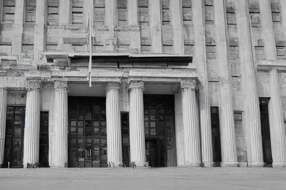 Prompt: a black and white photograph of an enormous building, official courthouse, statues looking down on the gigantic door, art déco architecture, long shot,