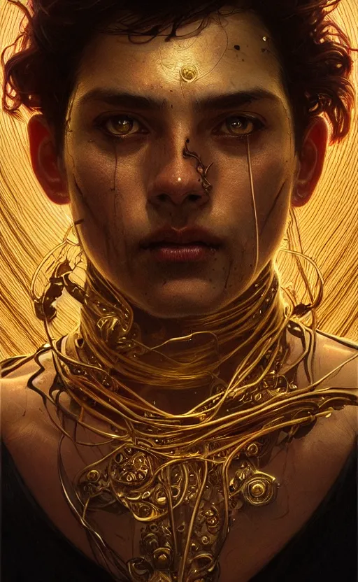 Prompt: portrait of a dark god, gold wires, bloody nose, intricate, headshot, highly detailed, digital painting, artstation, concept art, sharp focus, cinematic lighting, illustration, art by artgerm and greg rutkowski, alphonse mucha, cgsociety