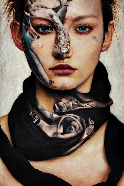 Prompt: hyperrealism oil painting, close - up portrait fashion model, tattoos all over the skin, wrapped in a black scarf, sad eyes, dark background, in style of classicism mixed with 8 0 s japanese sci - fi books art