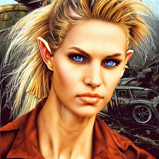 Image similar to close up headshot of a skinny female high-fantasy elf with a long face narrow chin and short spiky blonde hair wearing dark brown overalls and holding a bomb next to a destroyed car, gel spiked blond hair,narrow lips, high resolution film still, HDR color, painting by Gerald Brom