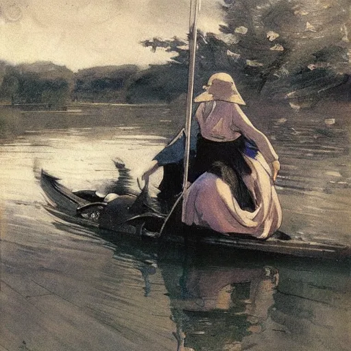 Prompt: spirited away by anders zorn placid, somber. a river scene. the river is represented by a line winding through the center of the kinetic sculpture. the banks of the river are represented by two lines, one on each side.