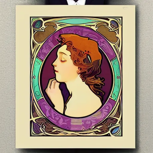 Image similar to “Art Nouveau poster of dolphin in style of Alphonse Mucha, 8k”