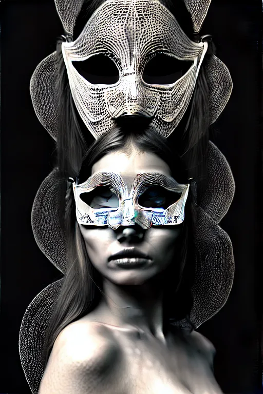 Image similar to portrait of a young beautiful woman with a mask. contemporary photograph and speed painting and fractal and mandelbulb and lines and scribble art. black and white, black on black. intricate, elegant, super highly detailed, professional digital painting, concept art, smooth, sharp focus, no blur, no dof, extreme illustration, Unreal Engine 5, Photorealism, HD quality, 8k resolution, 3D, beautiful, cinematic, art