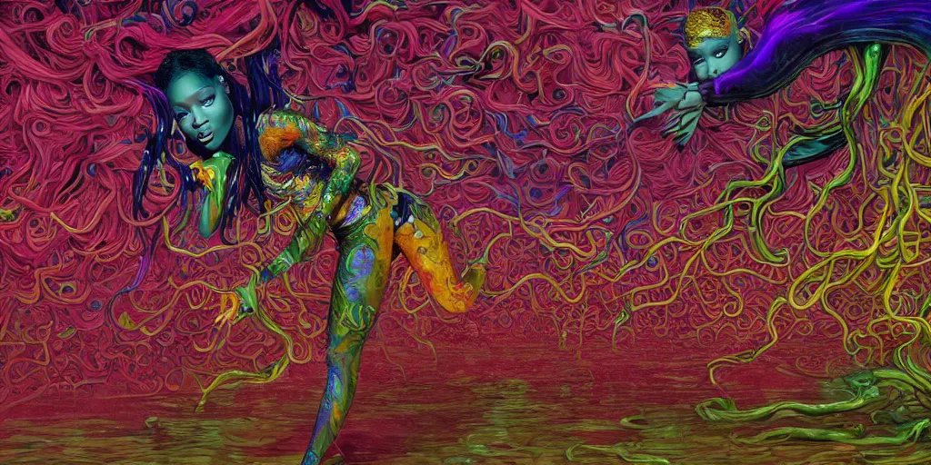 Image similar to nicki minaj, epic image of a glossy wet levitating floating fungus spirit with arms outstretched, made from colorful wet fungus tendrils. illustration by james jean, by ivan bilibin. uhd, amazing depth, glowing, golden ratio, 3 d octane cycle unreal engine 5, volumetric lighting, cinematic lighting, cgstation artstation concept art