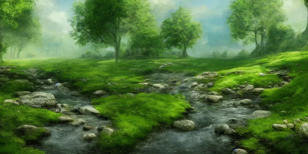 Prompt: a babbling brook on a green field, matte painting, concept art, 4k