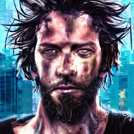 Image similar to cyberpunk, closeup portrait of a shaggy cyberpunk junkie, tired, stubble beard, washed up, dramatic light, city background, sunset, dystopian setting, high contrast, sharp, neuromancer, henry dorsett case, painted by stanley lau, painted by greg rutkowski, painted by stanley artgerm, digital art, trending on artstation