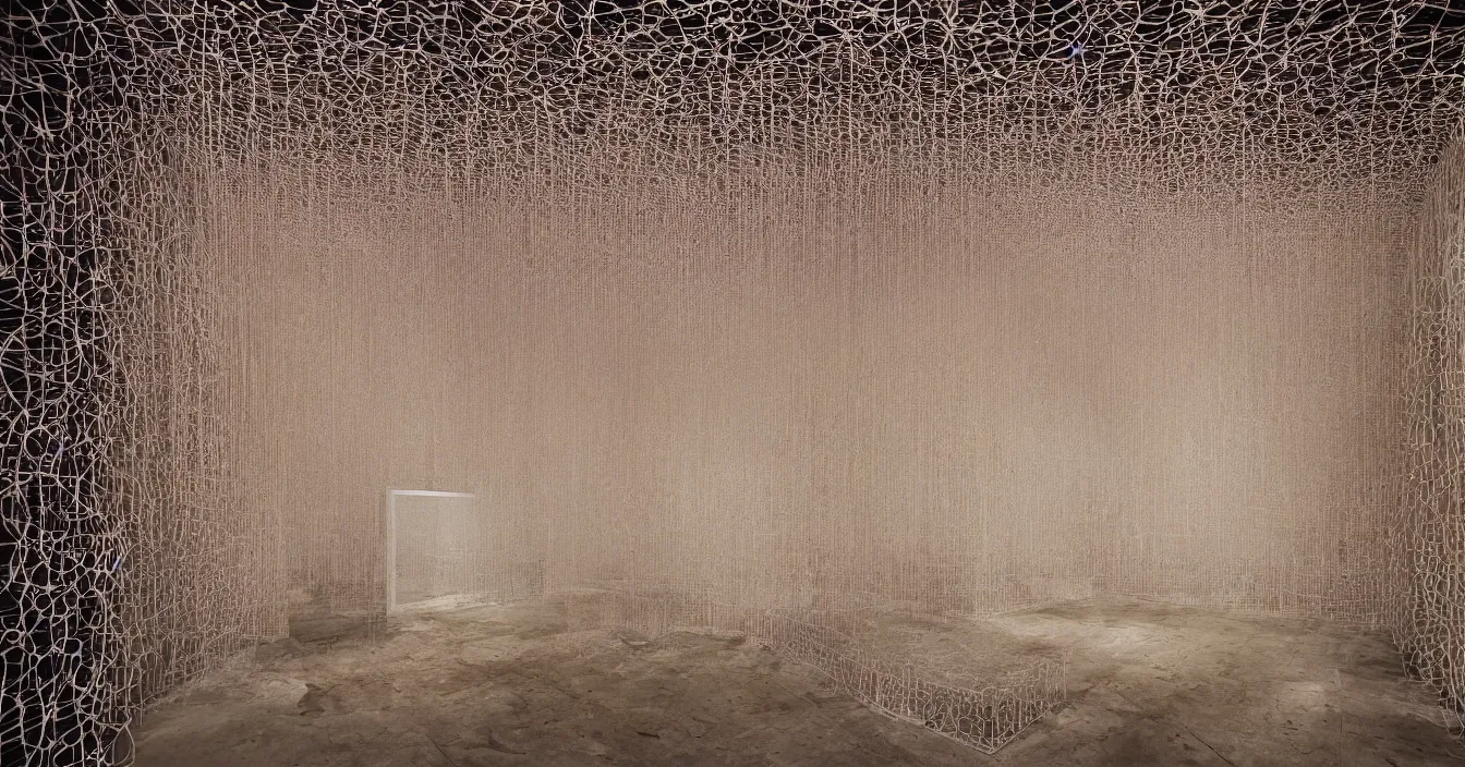 Prompt: view from behind mirror, very deep stillness atmosphere, dimension of still moment, spiritual style, digital art, by chiharu shiota