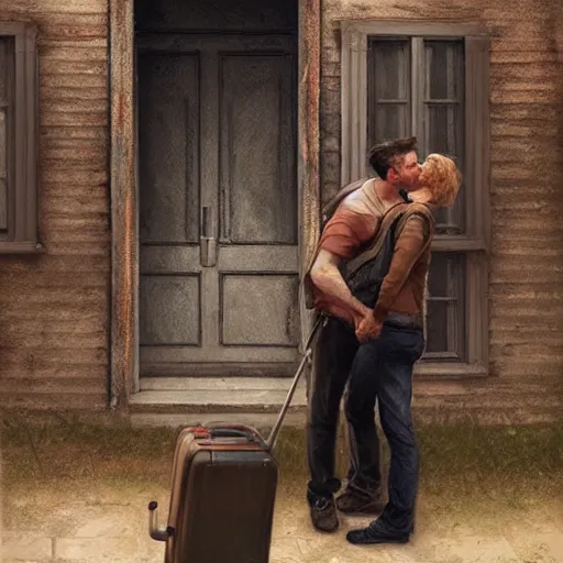 Image similar to a guy is leaving is home with luggage and sad angry mood, his wife is kissing another man under the porch of the house, highly detailed,, artstation hd, deviantart, by madgwick,, greg rutkowski, artgerm