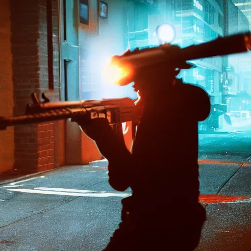 Image similar to a mafia gangster firing ar - 1 5, muzzle flash visible at the end of the barrel, highly detailed, photograph, firepower united, in new york street, cyberpunk
