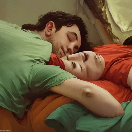 Prompt: young man in orange shirt and a girl in green shirt sleeping in bed close to guinness bottles highly detailed, digital painting, artstation, concept art, smooth, sharp focus, illustration, art by artgerm and greg rutkowski and alphonse mucha