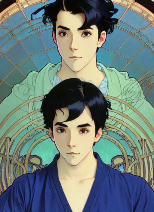 Image similar to handsome young man with short black hair, male, dressed in blue, looking down, half body shot, arms down, path traced, highly detailed, high quality, digital painting, by studio ghibli and alphonse mucha, leesha hannigan, hidari, art nouveau, chiho aoshima, posuka demizu, atey ghailan