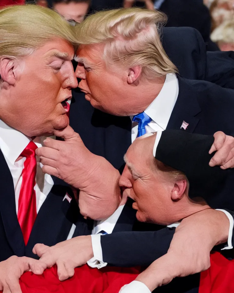 Image similar to high quality photo of donald trump kissing donald trump. donald trump kissing donald trump. donald trump kissing donald trump. donald trump and donald trump kissing. award winning. hq. hd. brilliant. funny